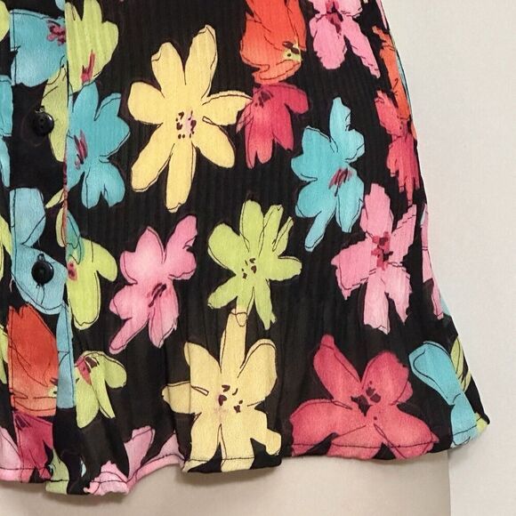 Vintage Funky Women Top XL Black Bright Floral Micro Pleat Crinkle Retro Mod Y2K - Picture 4 of 14